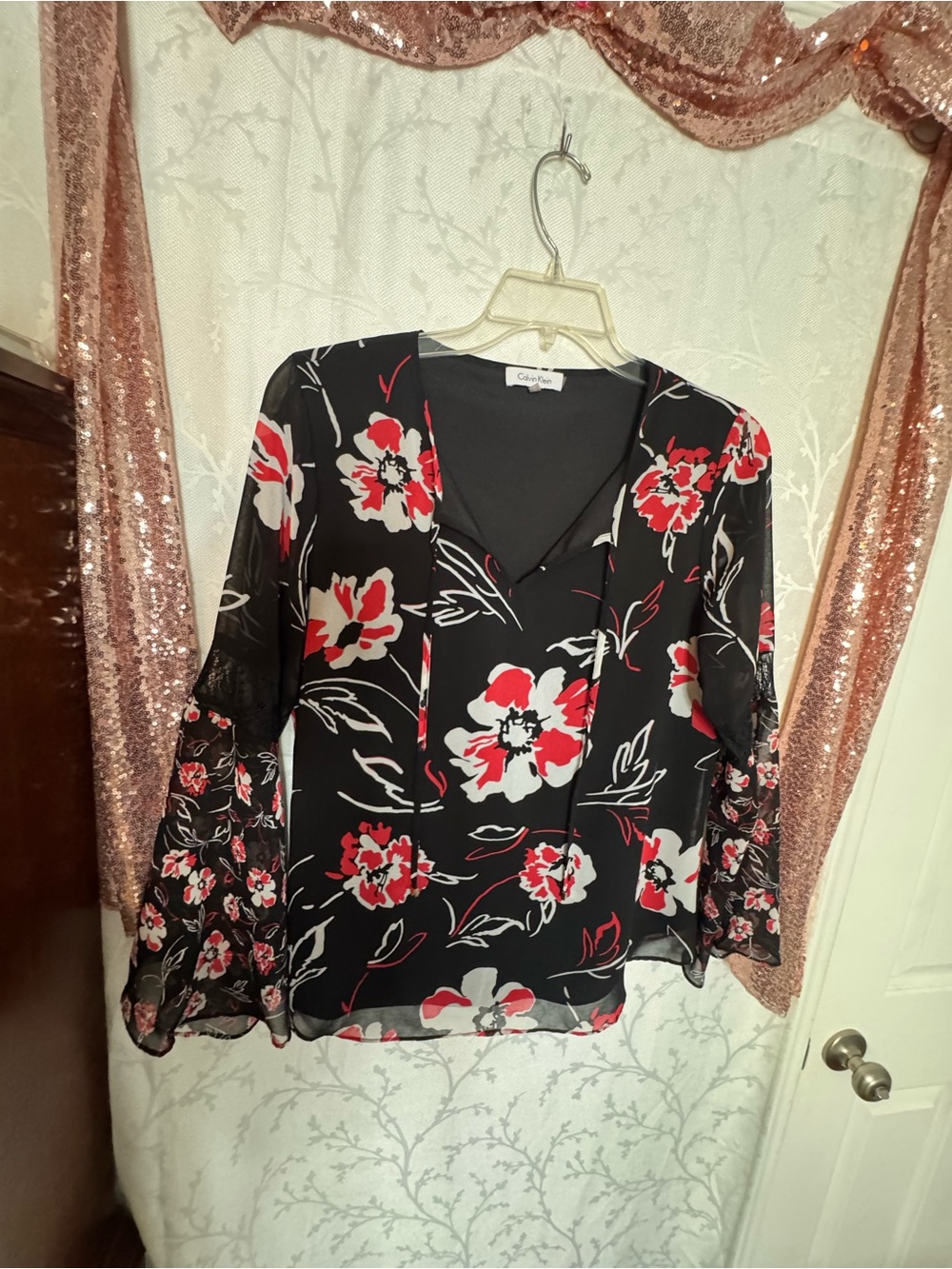 Calvin Klein Black Floral V-Neck Bell Sleeve Top